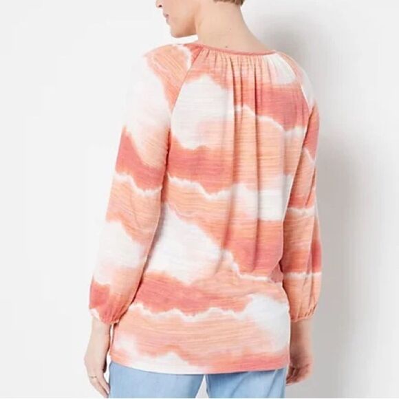 Susan Graver Tie Dye Print Crinkle Knit Long Sleeve Peasant Top - Picture 2 of 5